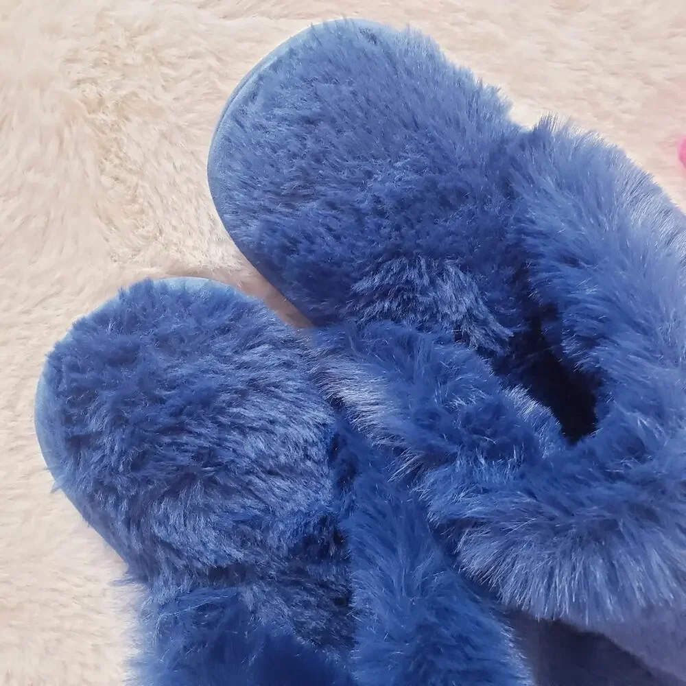 J. Crew Faux Fur House Slippers Navy Blue Plush Fuzzy Hard Sole NEW Women's 7